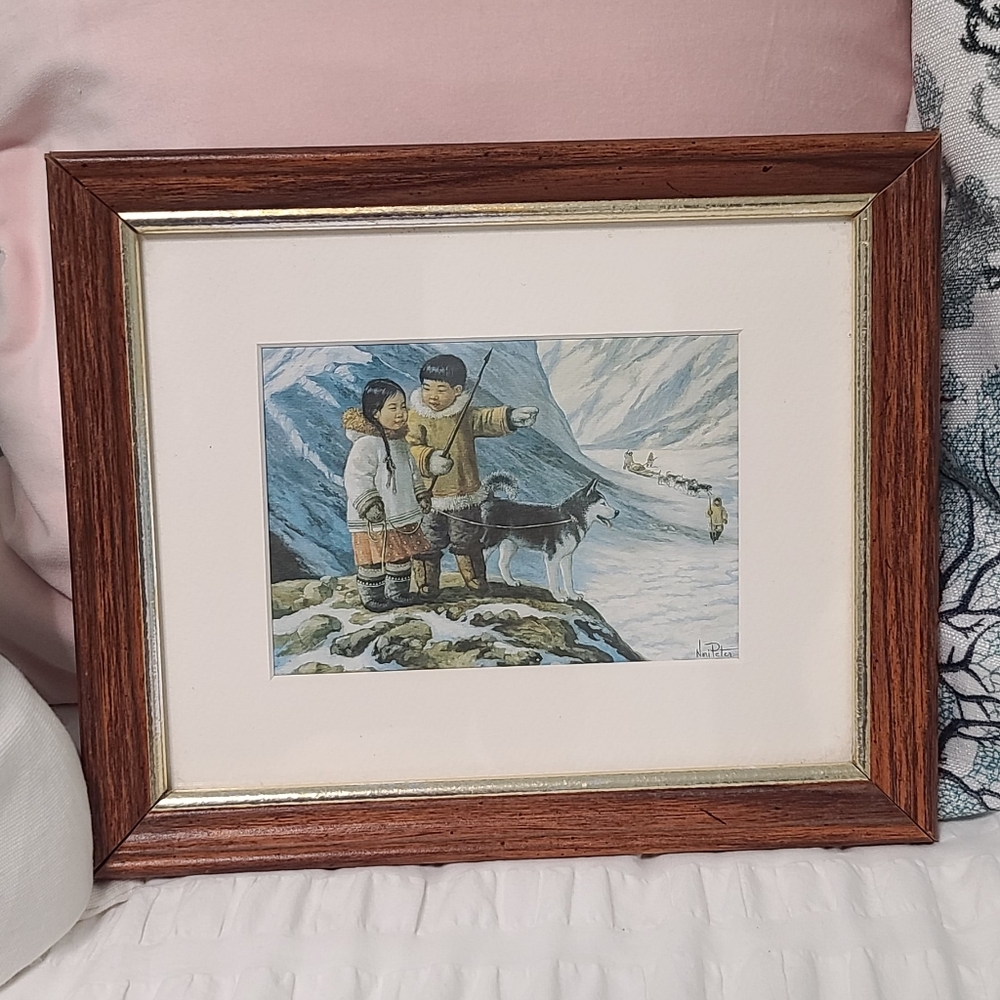 Nori Peter 'On The Lookout' Signed Print Inuit Art Print with Wooden Frame